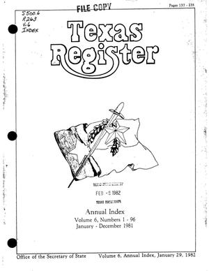 Primary view of object titled 'Texas Register, Volume 6, Annual Index, Pages 137-235, January 29, 1981'.