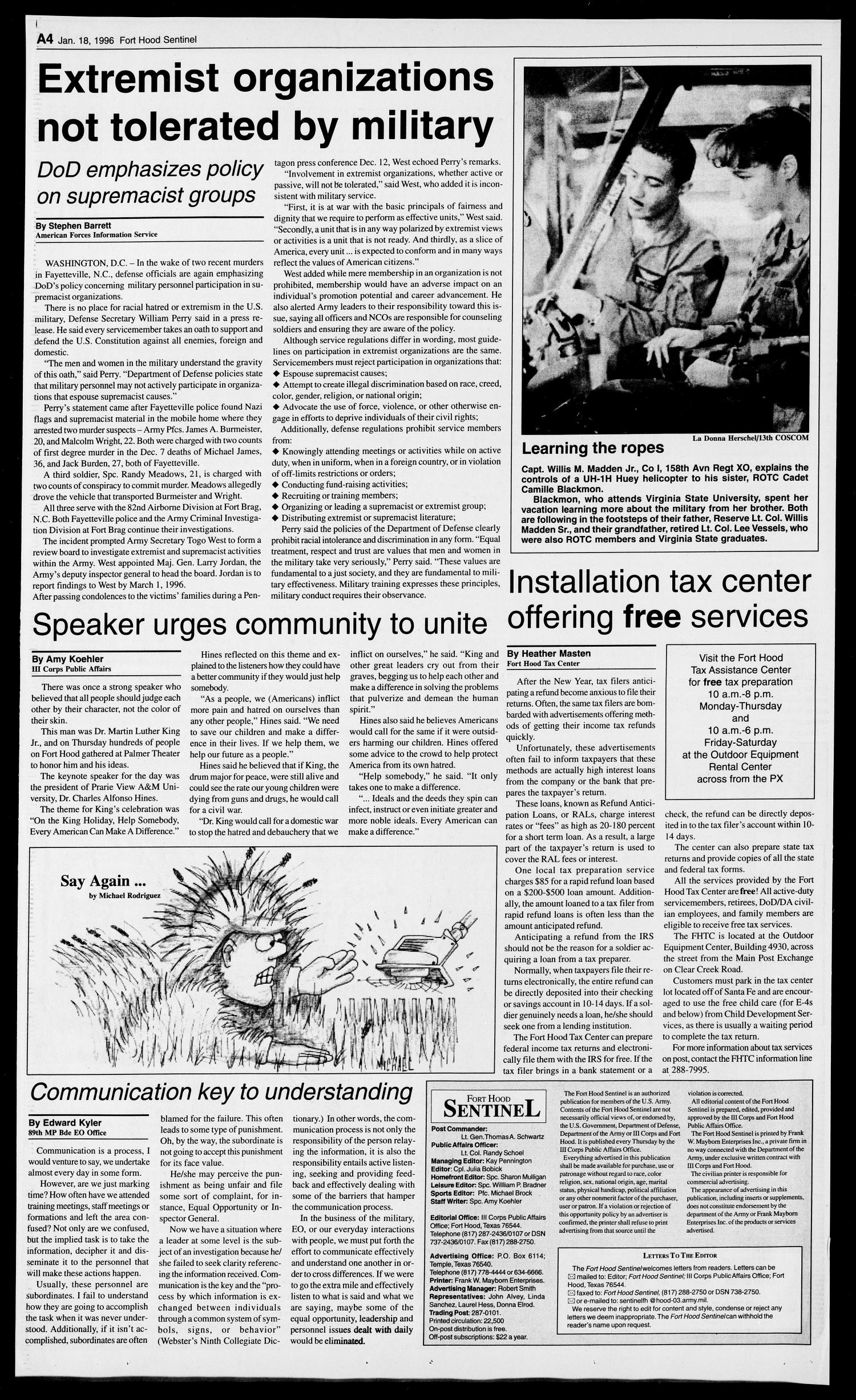 The Fort Hood Sentinel (Temple, Tex.), Vol. 54, No. 69, Ed. 1 Thursday, January 18, 1996
                                                
                                                    [Sequence #]: 4 of 34
                                                