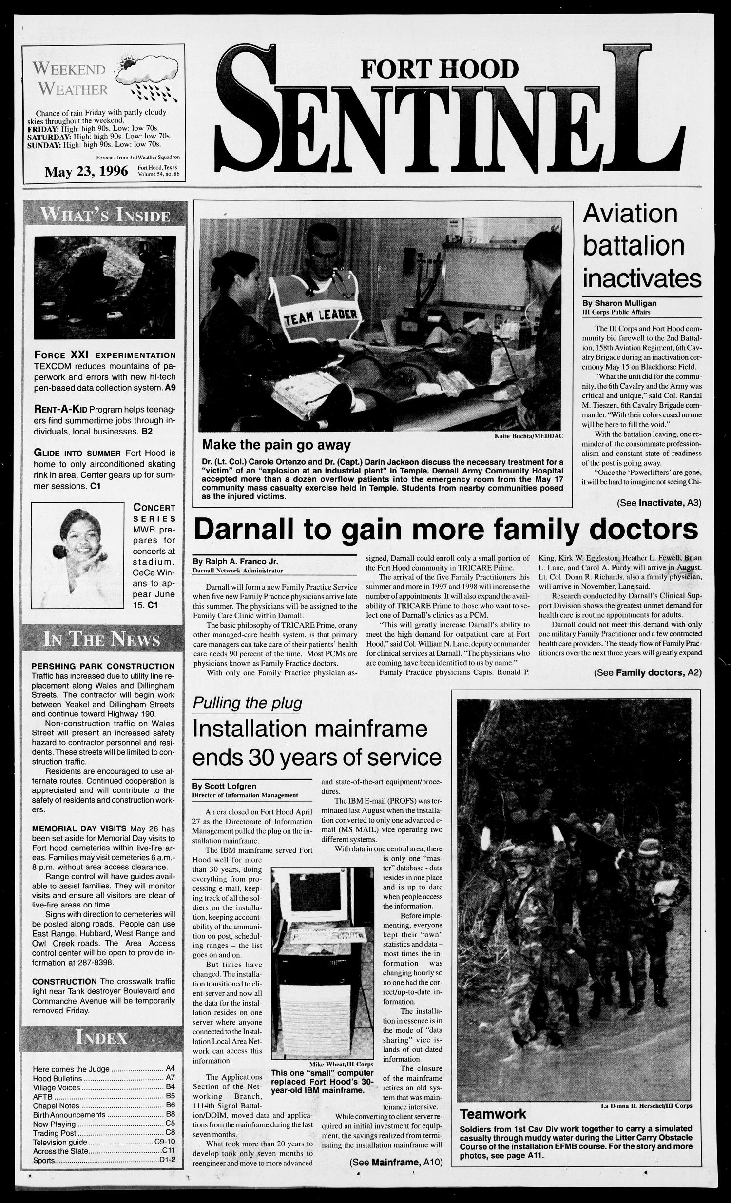 The Fort Hood Sentinel (Temple, Tex.), Vol. 54, No. 86, Ed. 1 Thursday, May 23, 1996
                                                
                                                    [Sequence #]: 1 of 50
                                                