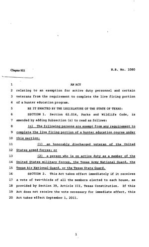 Primary view of object titled '82nd Texas Legislature, Regular Session, House Bill 1080, Chapter 955'.