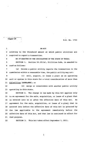 Primary view of object titled '82nd Texas Legislature, Regular Session, House Bill 1753, Chapter 129'.