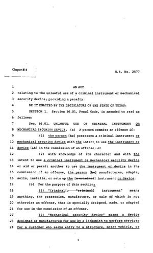 Primary view of object titled '82nd Texas Legislature, Regular Session, House Bill 2577, Chapter 814'.