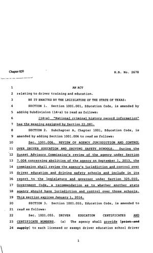 Primary view of object titled '82nd Texas Legislature, Regular Session, House Bill 2678, Chapter 820'.