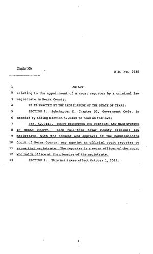 Primary view of object titled '82nd Texas Legislature, Regular Session, House Bill 2935, Chapter 556'.