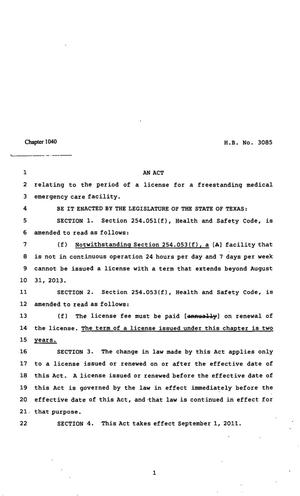 Primary view of object titled '82nd Texas Legislature, Regular Session, House Bill 3085, Chapter 1040'.