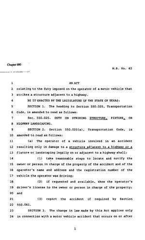 Primary view of object titled '82nd Texas Legislature, Regular Session, House Bill 42, Chapter 680'.