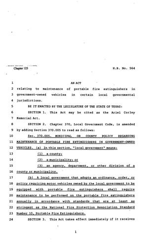 Primary view of object titled '82nd Texas Legislature, Regular Session, House Bill 564, Chapter 125'.