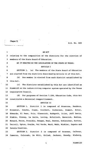Primary view of object titled '82nd Texas Legislature, Regular Session, House Bill 600, Chapter 72'.