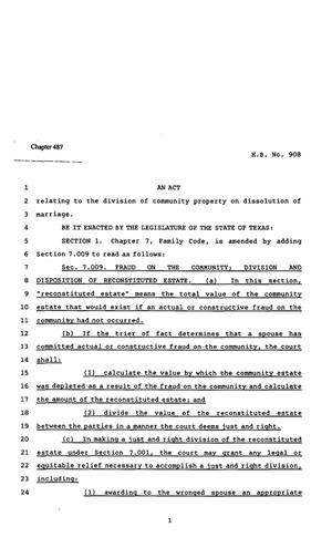 Primary view of object titled '82nd Texas Legislature, Regular Session, House Bill 908, Chapter 487'.