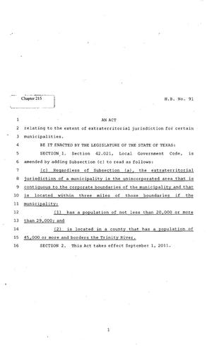 Primary view of object titled '82nd Texas Legislature, Regular Session, House Bill 91, Chapter 215'.