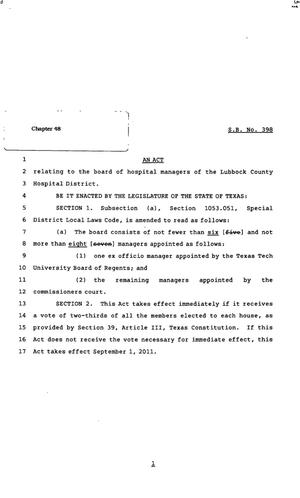 Primary view of object titled '82nd Texas Legislature, Regular Session, Senate Bill 398, Chapter 48'.