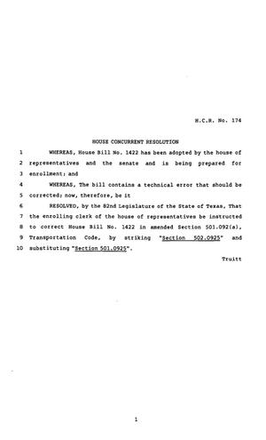 Primary view of object titled '82nd Texas Legislature, Regular Session, House Concurrent Resolution 174'.