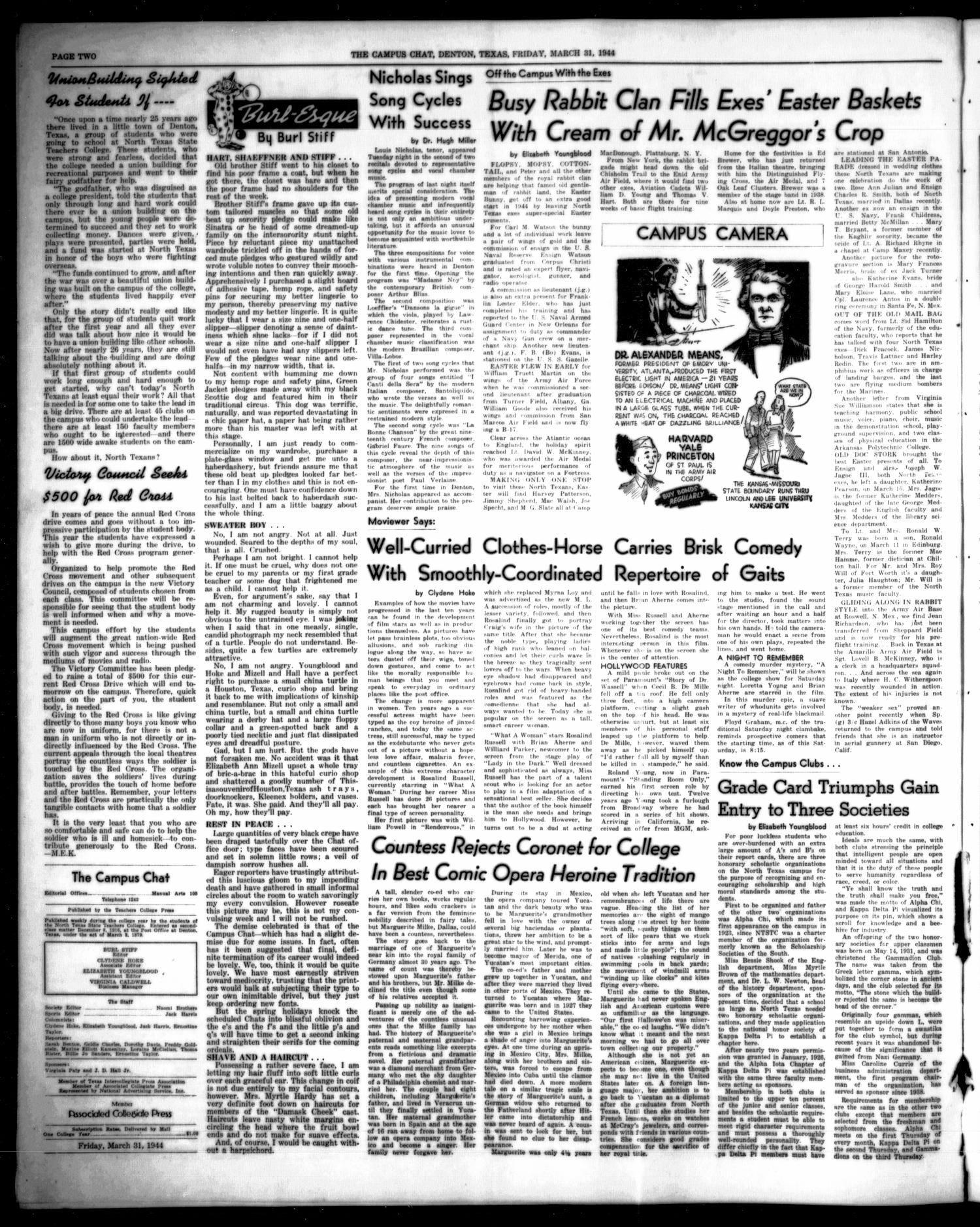 The Campus Chat (Denton, Tex.), Vol. 27, No. 21, Ed. 1 Friday, March 31, 1944
                                                
                                                    [Sequence #]: 2 of 4
                                                