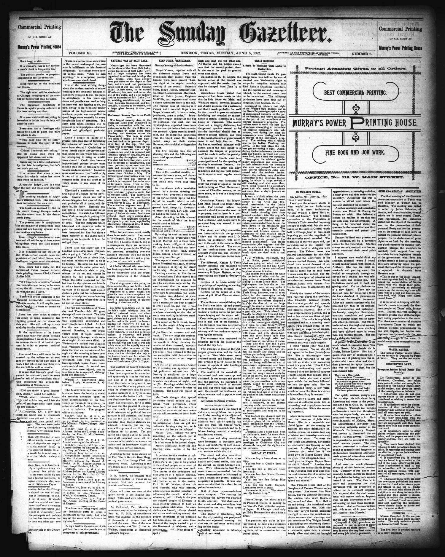 The Sunday Gazetteer. (Denison, Tex.), Vol. 11, No. 6, Ed. 1 Sunday, June 5, 1892
                                                
                                                    [Sequence #]: 1 of 4
                                                
