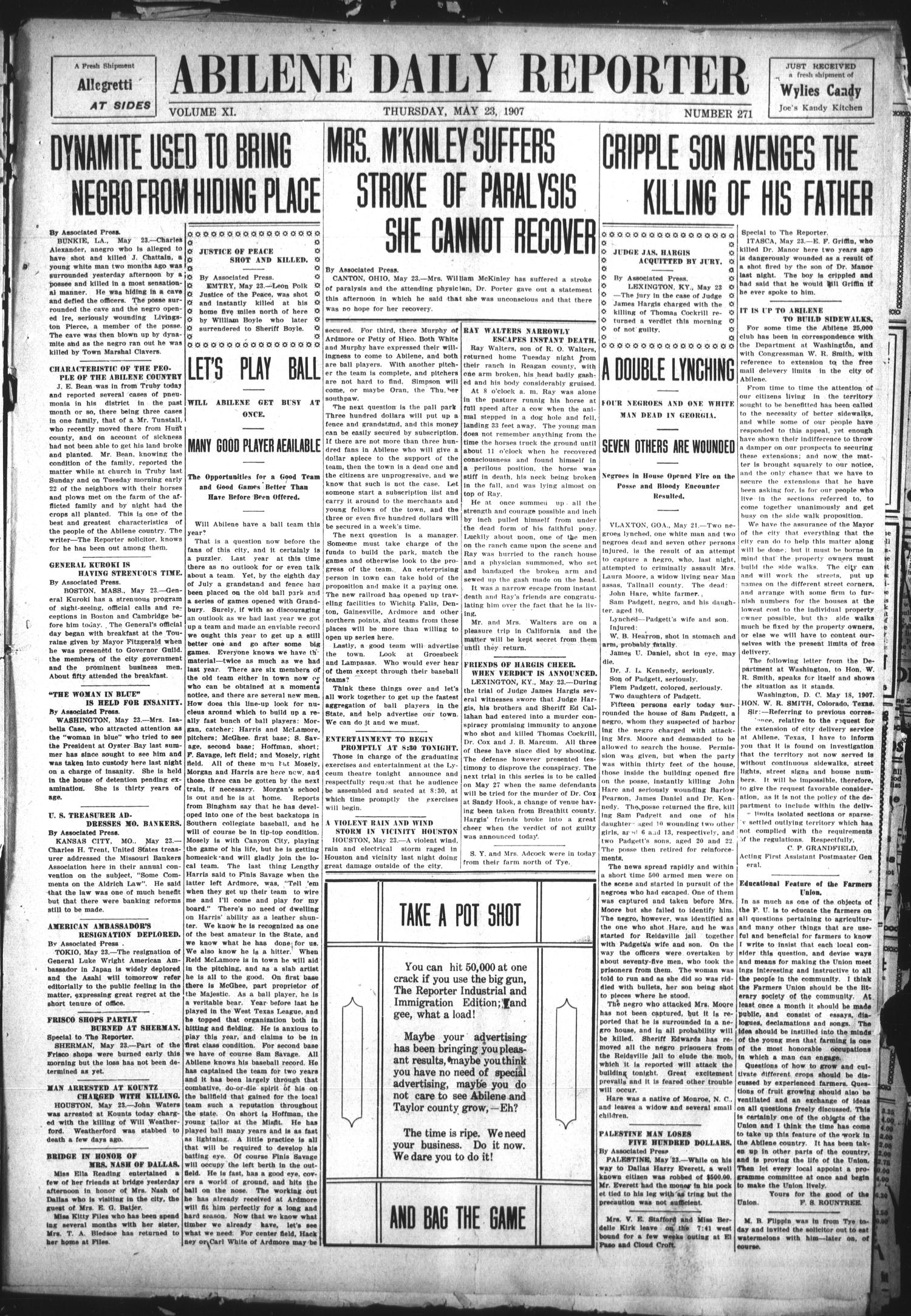 Abilene Daily Reporter (Abilene, Tex.), Vol. 11, No. 272, Ed. 1 Thursday, May 23, 1907
                                                
                                                    [Sequence #]: 1 of 8
                                                