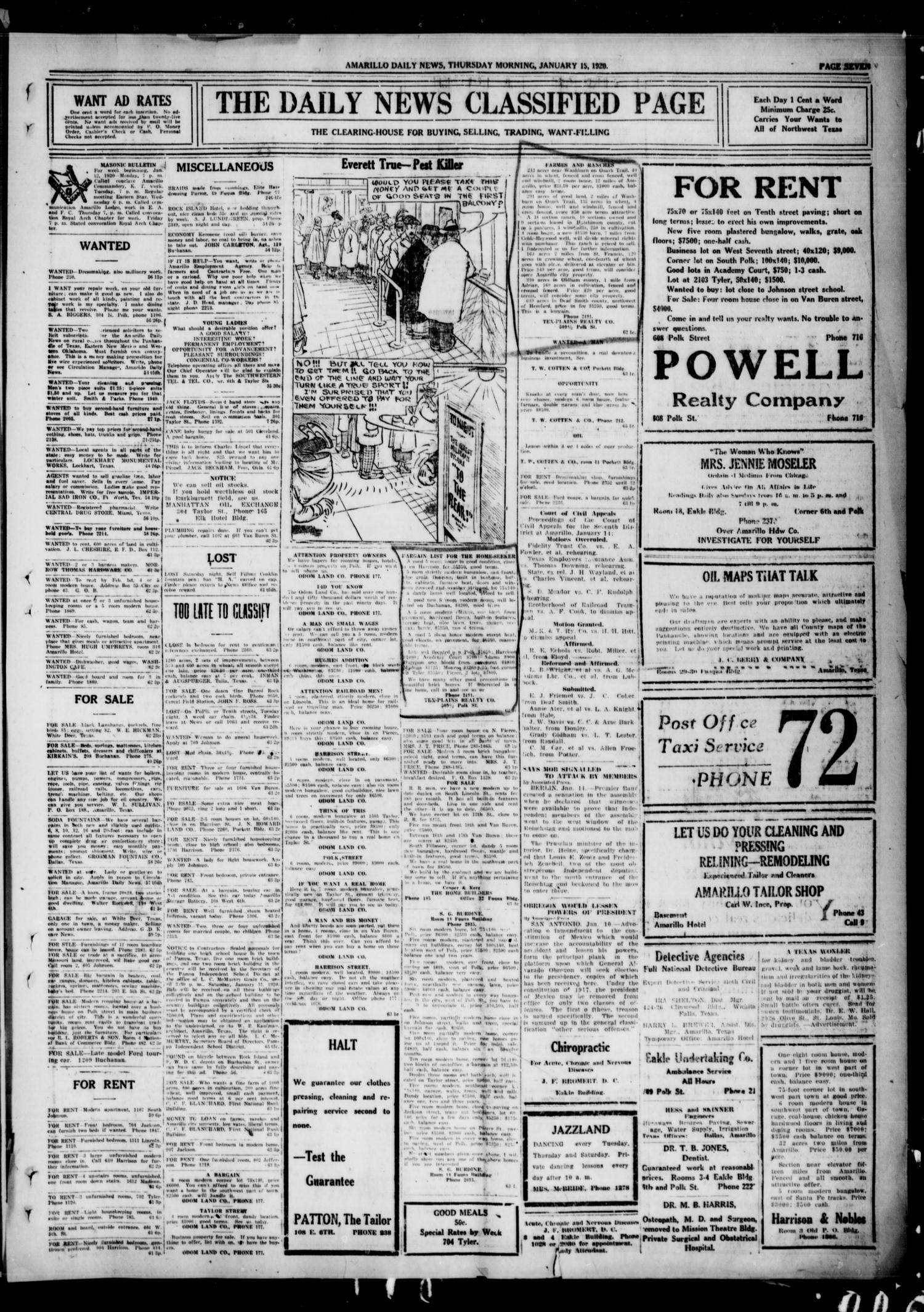 Amarillo Daily News (Amarillo, Tex.), Ed. 1 Thursday, January 15, 1920
                                                
                                                    [Sequence #]: 1 of 2
                                                