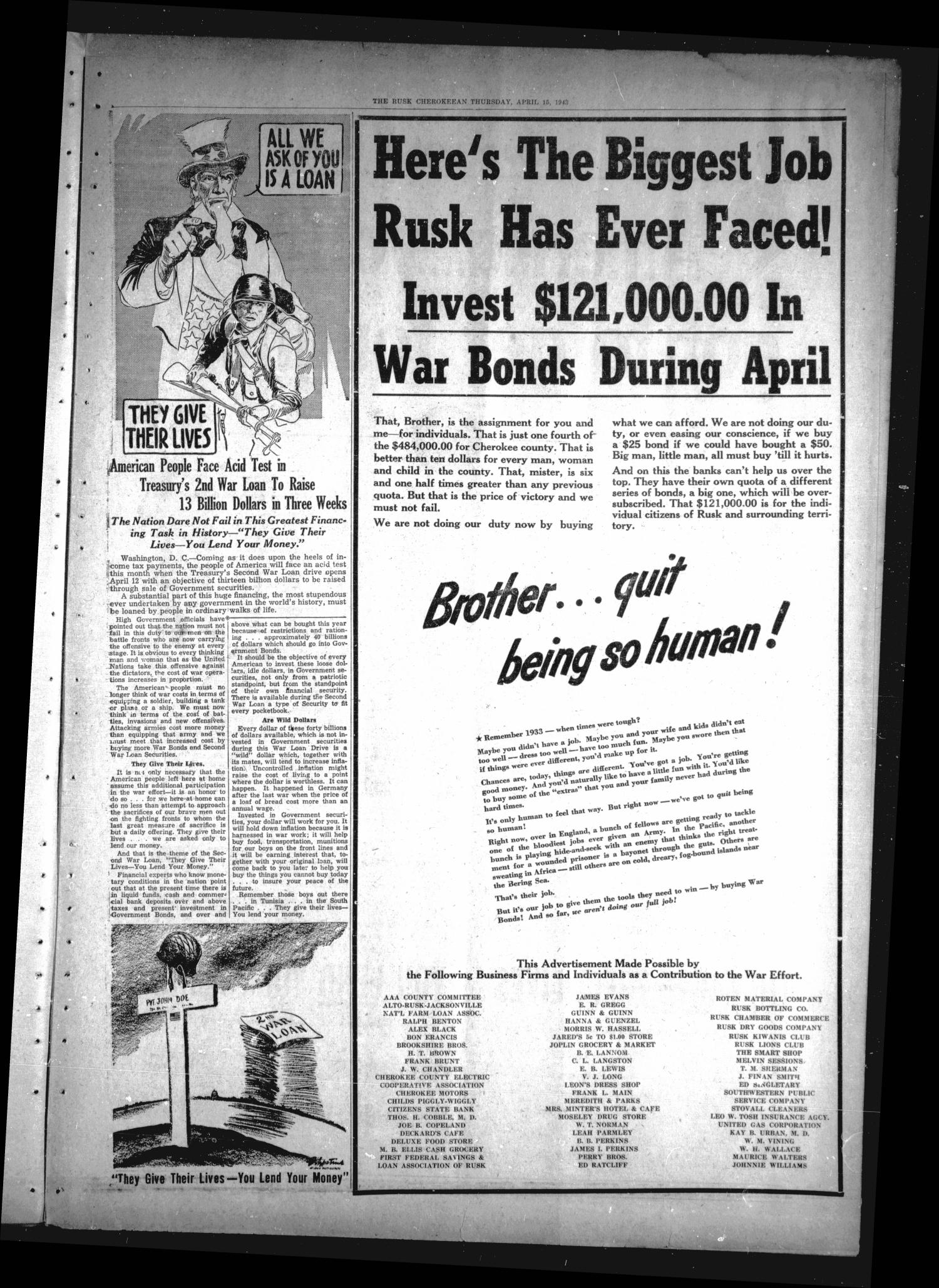 The Rusk Cherokeean (Rusk, Tex.), Vol. 97, No. 11, Ed. 1 Thursday, April 15, 1943
                                                
                                                    [Sequence #]: 3 of 6
                                                