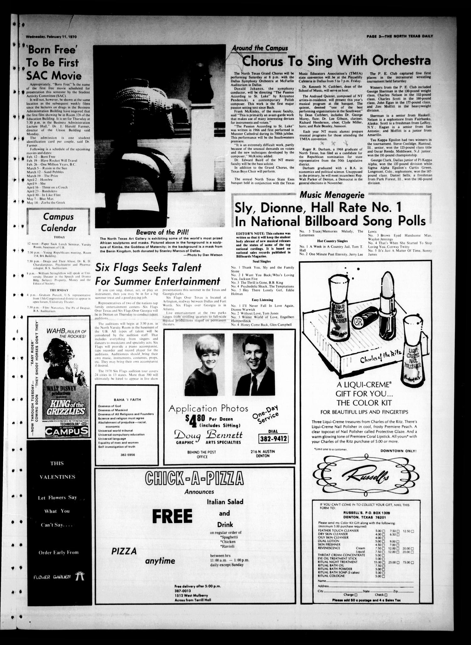 The North Texas Daily (Denton, Tex.), Vol. 53, No. 31, Ed. 1 Wednesday, February 11, 1970
                                                
                                                    [Sequence #]: 3 of 4
                                                
