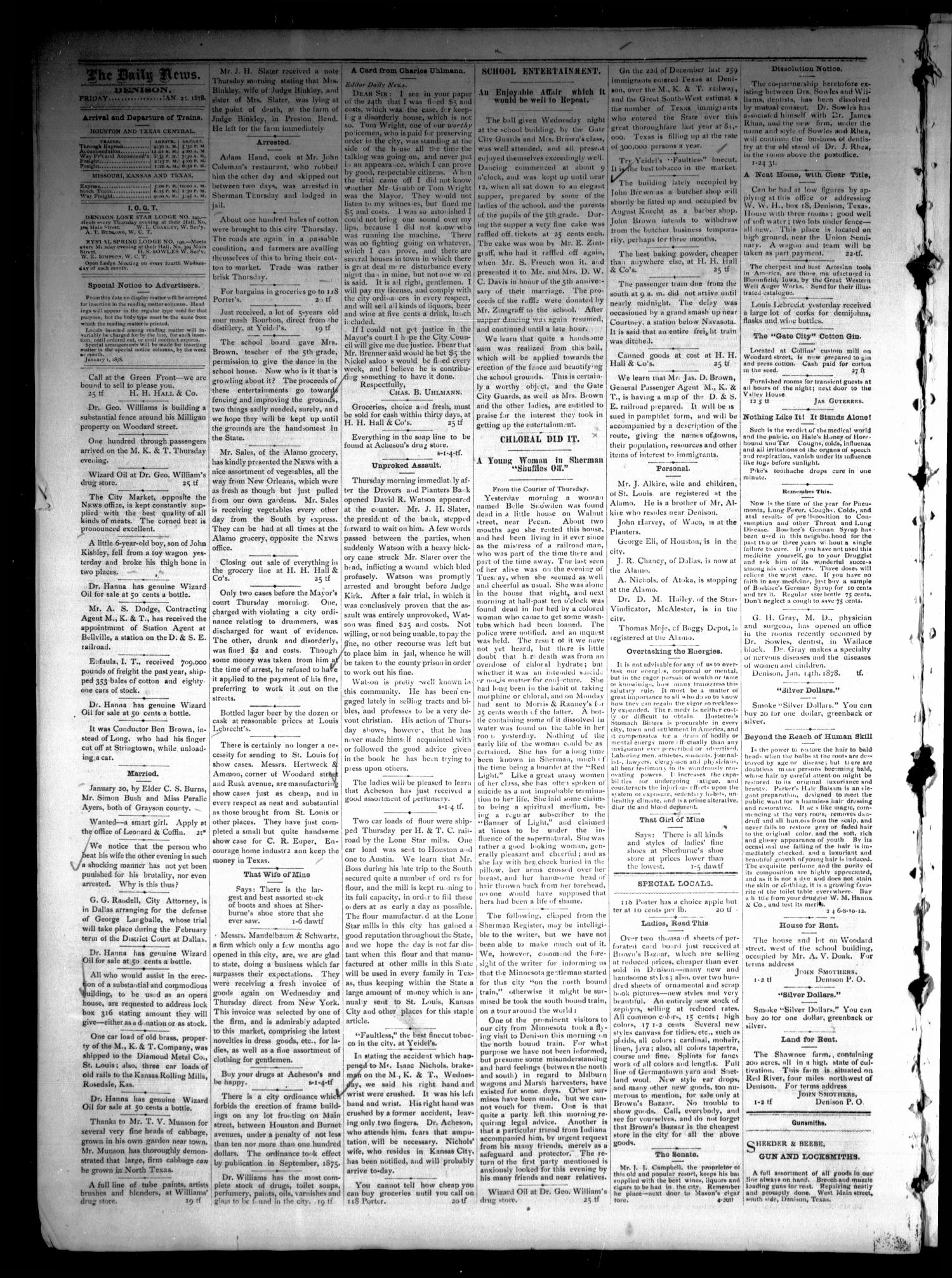 Denison Daily News. (Denison, Tex.), Vol. 5, No. 280, Ed. 1 Friday, January 25, 1878
                                                
                                                    [Sequence #]: 4 of 4
                                                