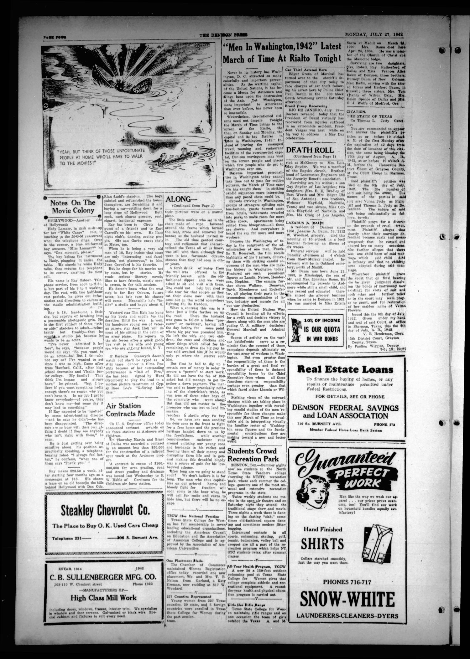 The Denison Press (Denison, Tex.), Vol. 9, No. 26, Ed. 1 Monday, July 27, 1942
                                                
                                                    [Sequence #]: 4 of 4
                                                