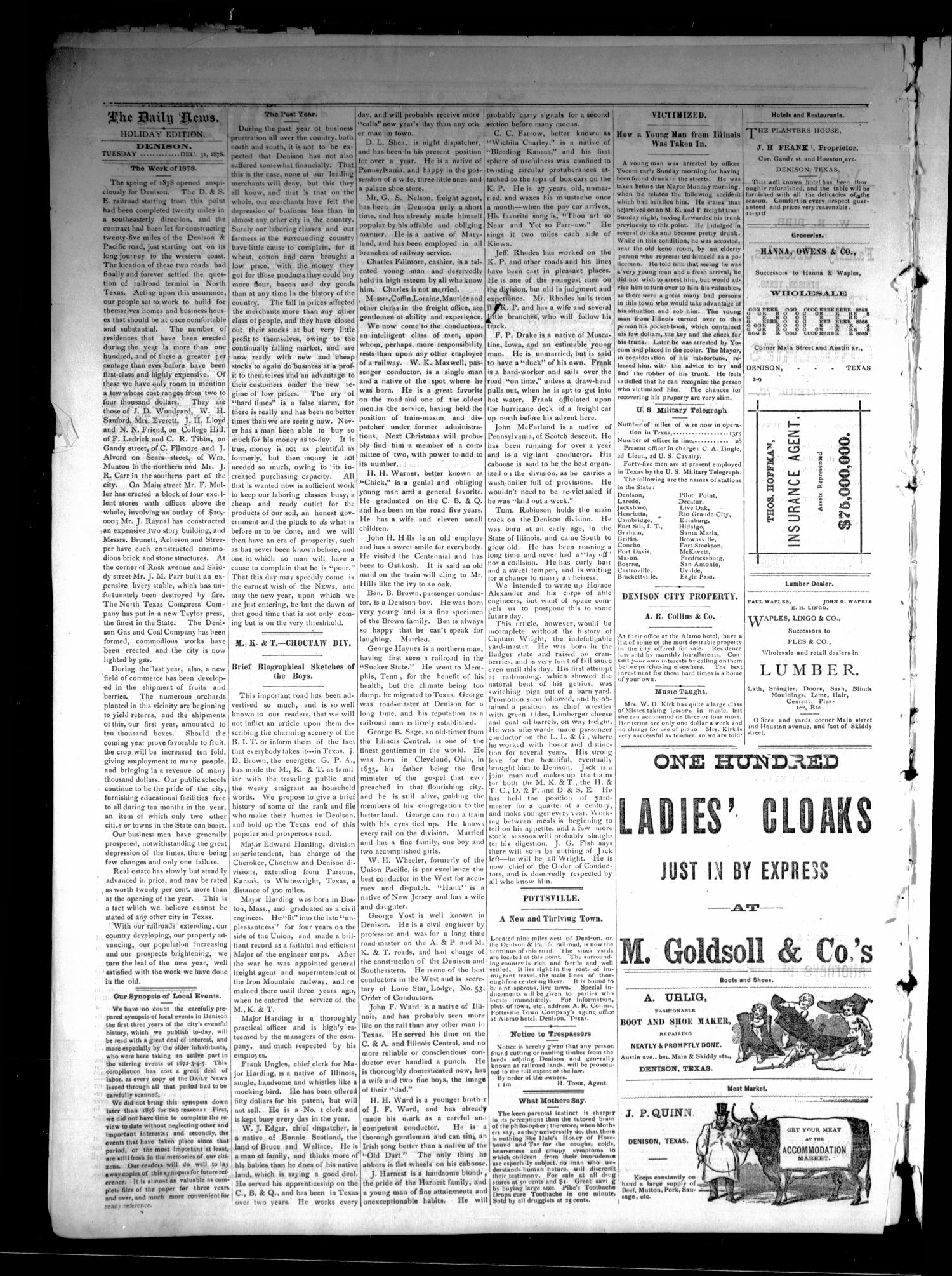 Denison Daily News. (Denison, Tex.), Vol. 6, No. 264, Ed. 1 Tuesday, December 31, 1878
                                                
                                                    [Sequence #]: 2 of 20
                                                
