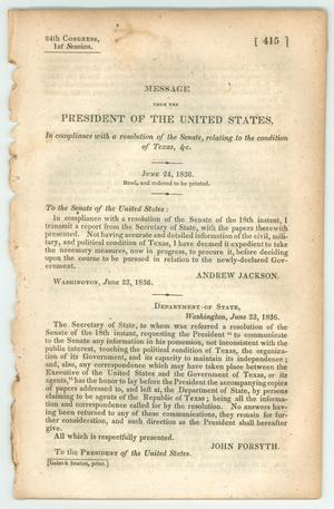 Primary view of "Message from the President of the United States, In compliance with a resolution of the Senate, relating to the condition of Texas, &c."