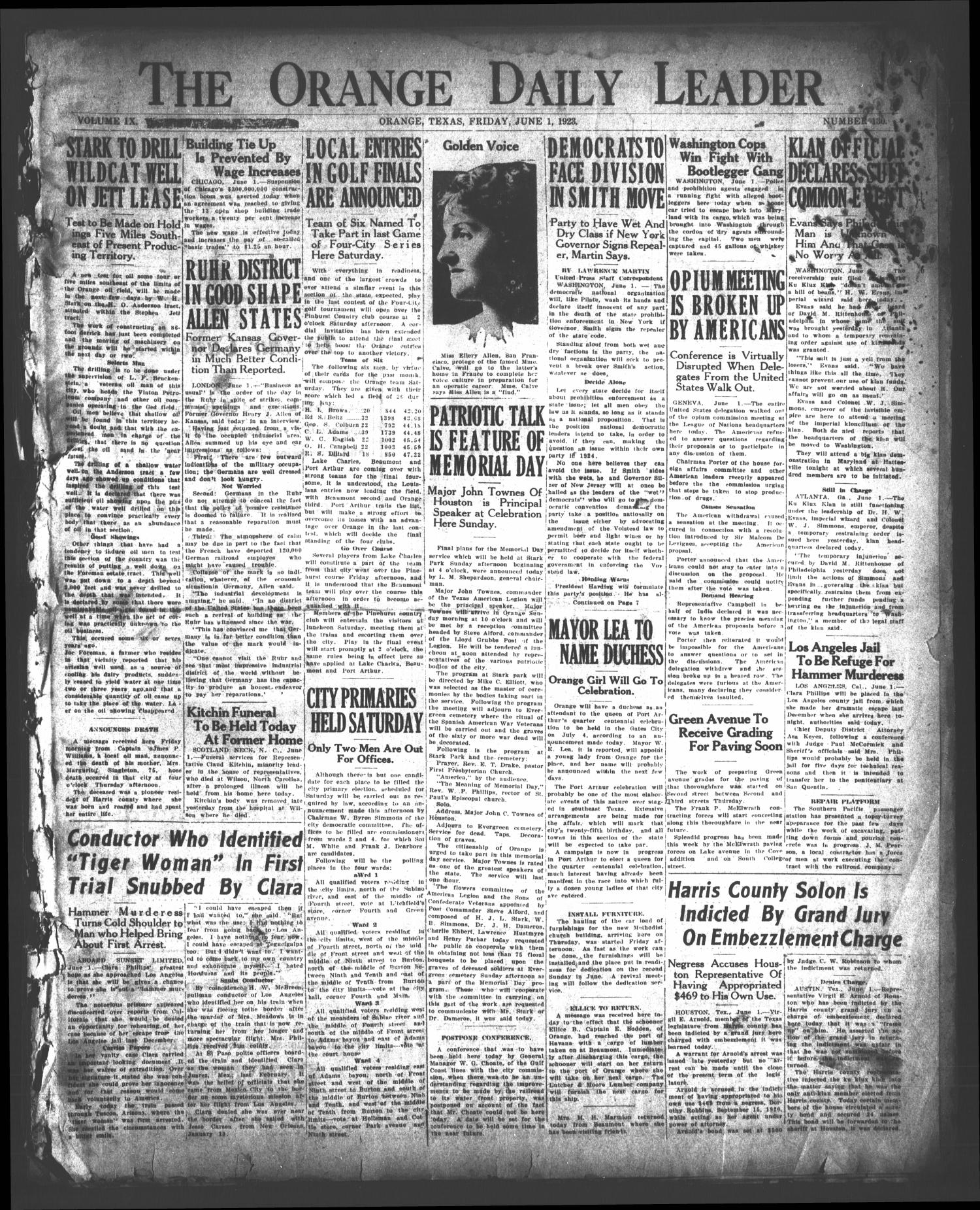 The Orange Daily Leader (Orange, Tex.), Vol. 9, No. 130, Ed. 1 Friday, June 1, 1923
                                                
                                                    [Sequence #]: 1 of 8
                                                