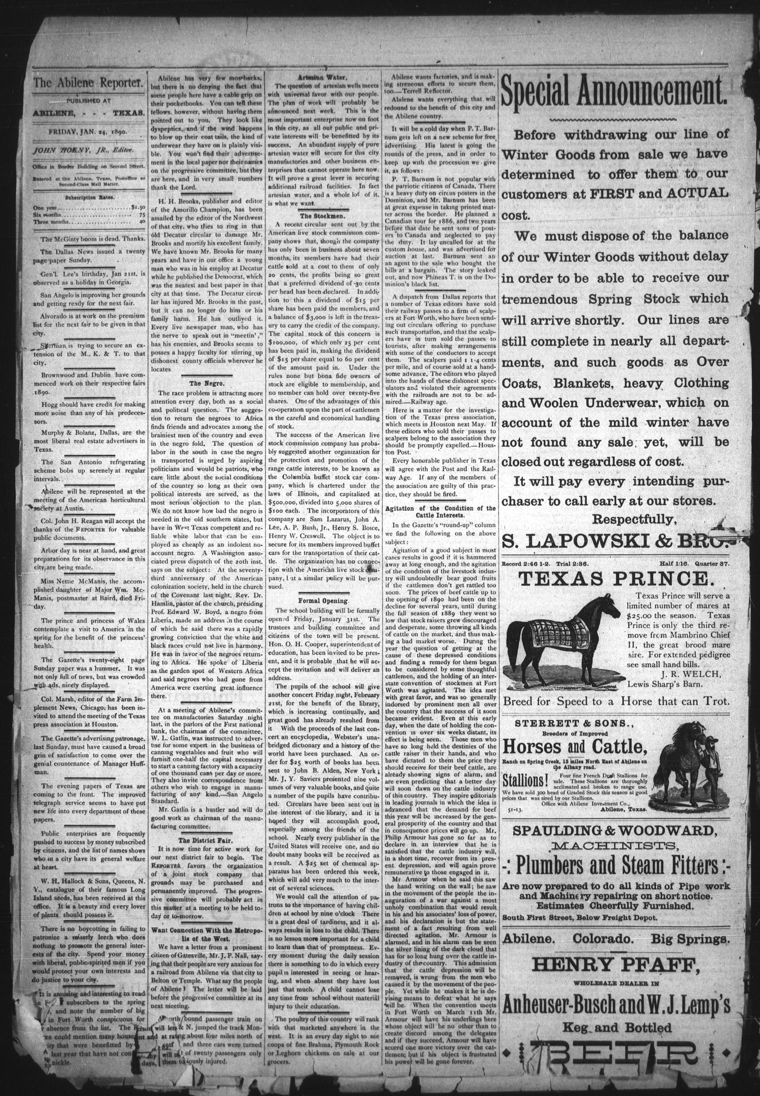 The Abilene Reporter. (Abilene, Tex.), Vol. 9, No. 4, Ed. 1 Friday, January 24, 1890
                                                
                                                    [Sequence #]: 4 of 8
                                                