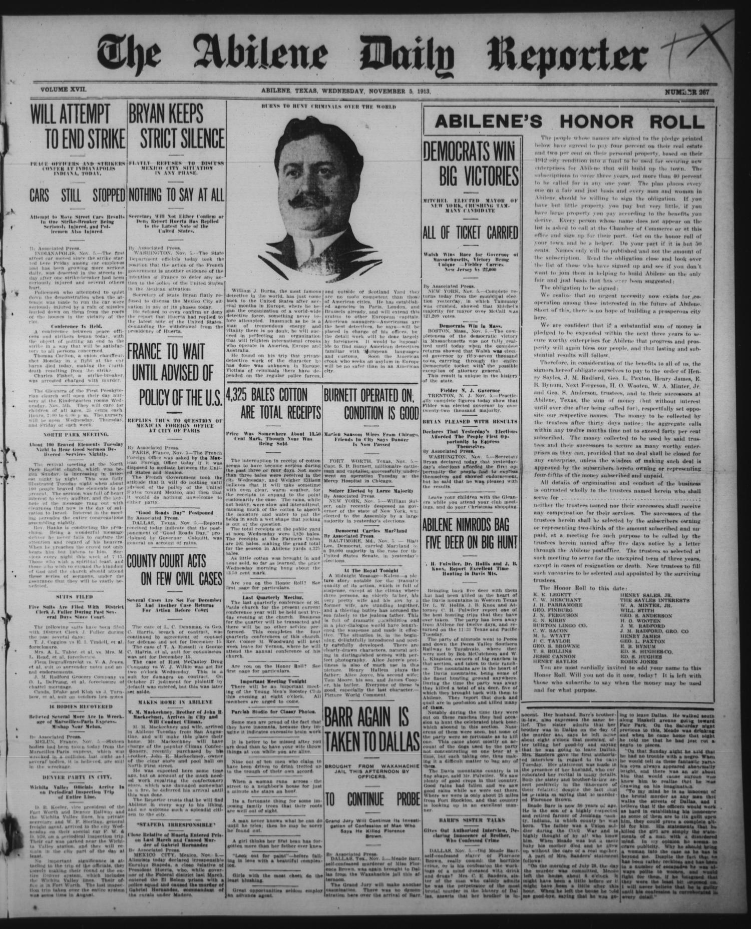 The Abilene Daily Reporter (Abilene, Tex.), Vol. 17, No. 267, Ed. 1 Wednesday, November 5, 1913
                                                
                                                    [Sequence #]: 1 of 6
                                                