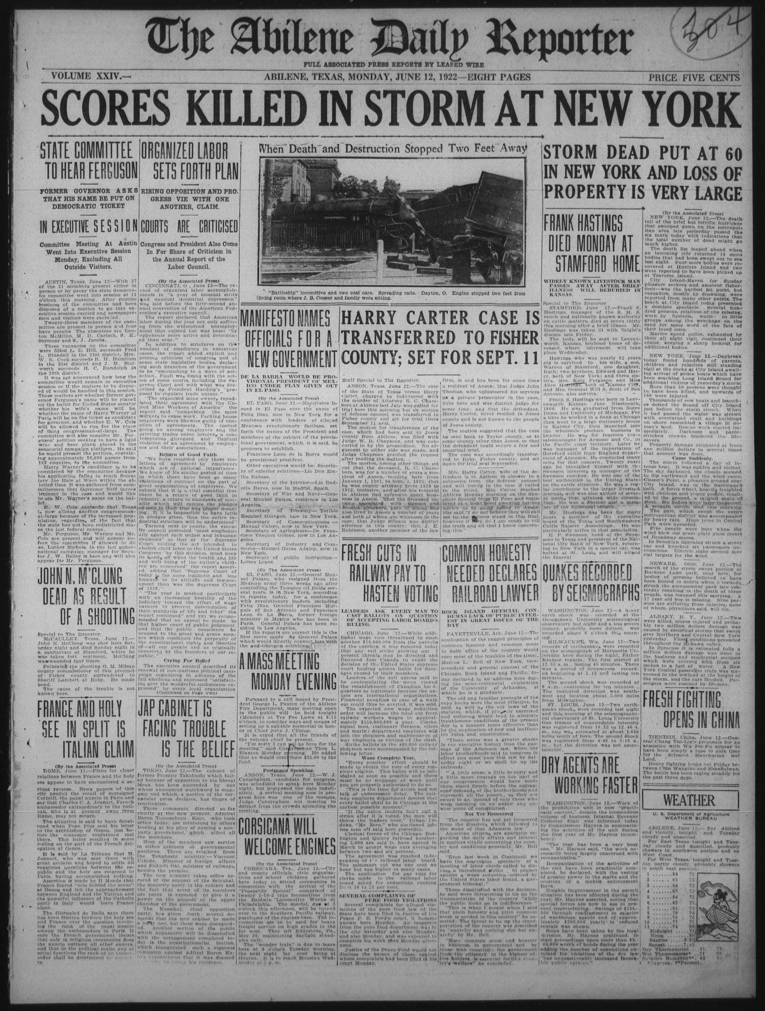 The Abilene Daily Reporter (Abilene, Tex.), Vol. 24, No. 37, Ed. 1 Monday, June 12, 1922
                                                
                                                    [Sequence #]: 1 of 8
                                                