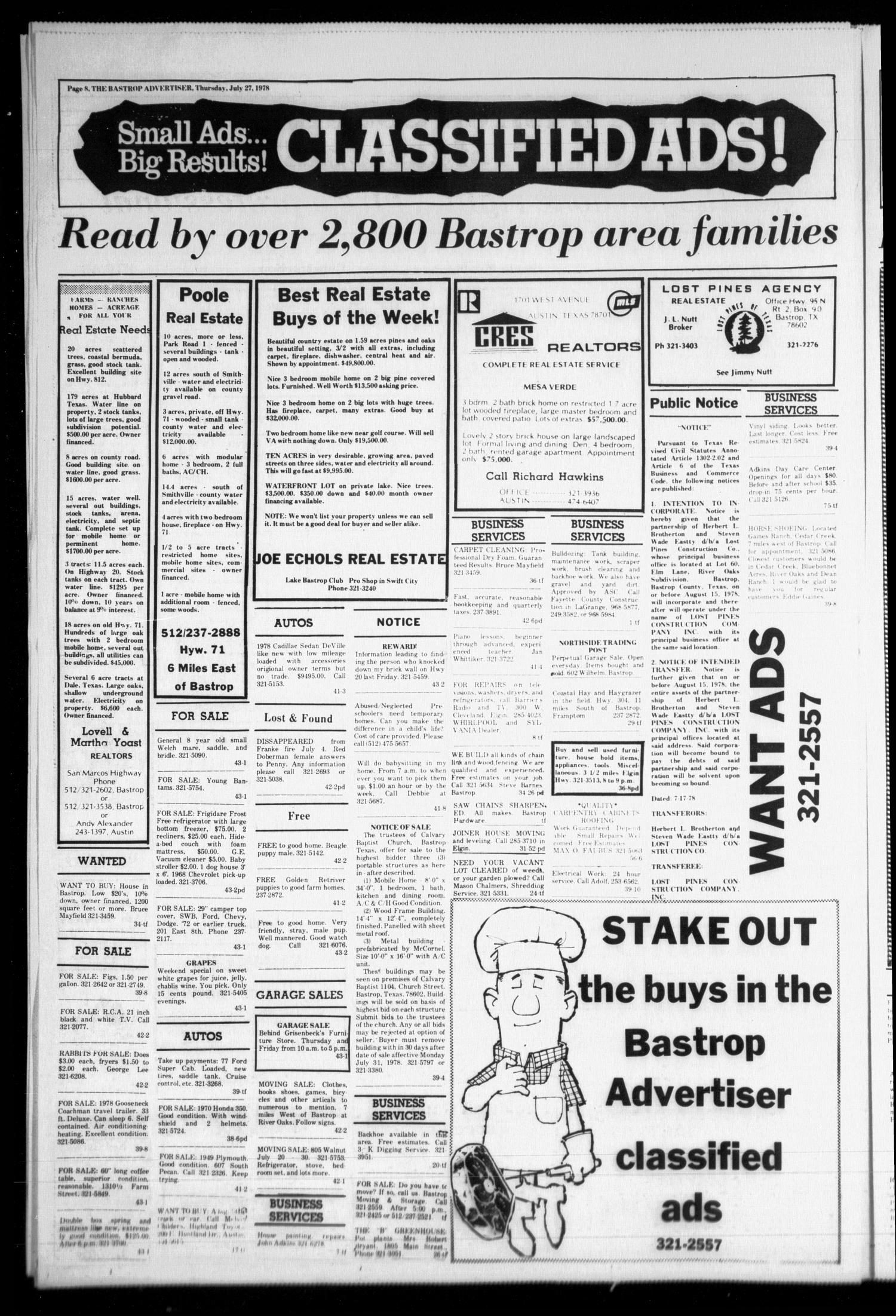 Bastrop Advertiser (Bastrop, Tex.), Vol. [125], No. 43, Ed. 1 Thursday, July 27, 1978
                                                
                                                    [Sequence #]: 8 of 10
                                                