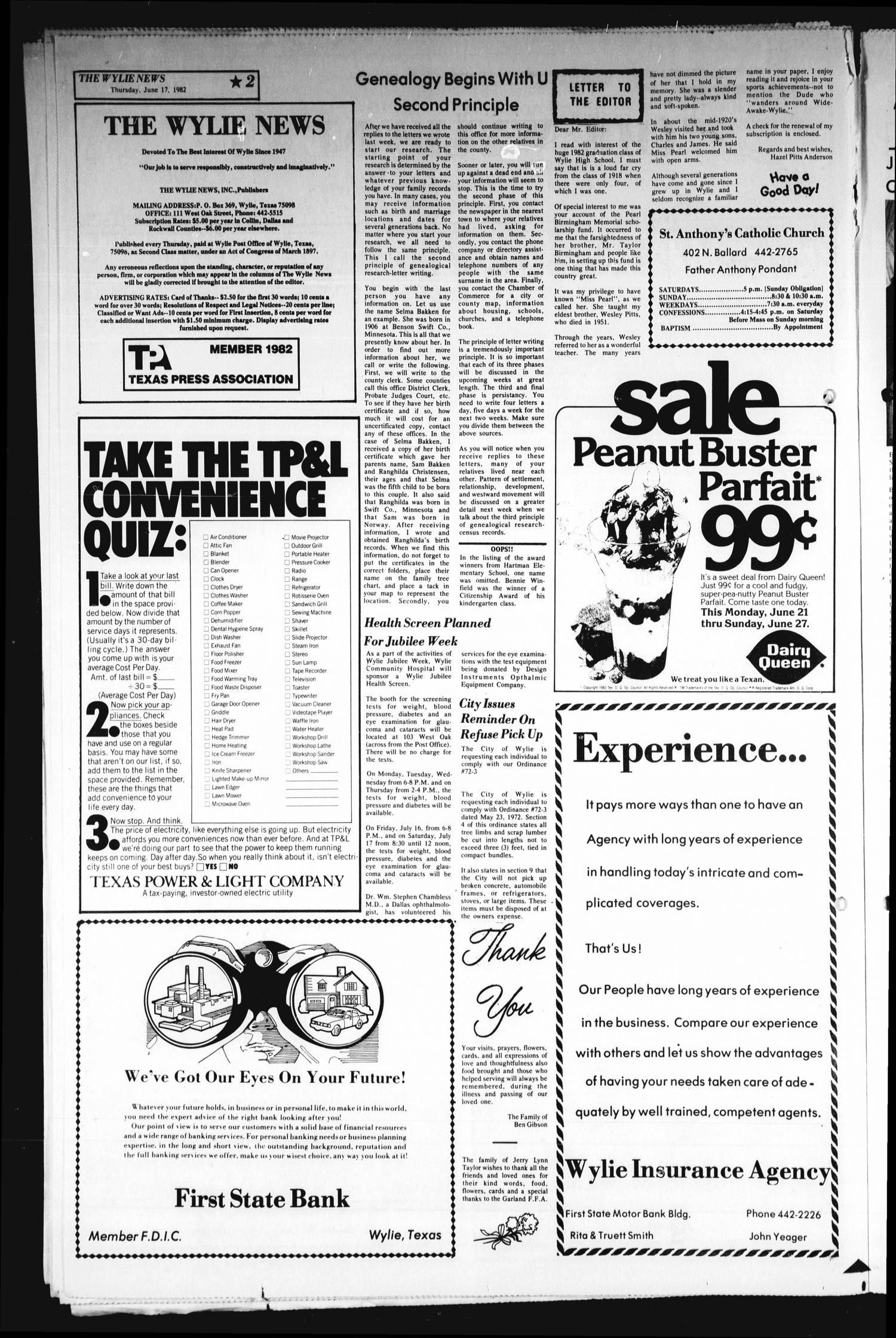 The Wylie News (Wylie, Tex.), Vol. 34, No. 52, Ed. 1 Thursday, June 17, 1982
                                                
                                                    [Sequence #]: 2 of 4
                                                