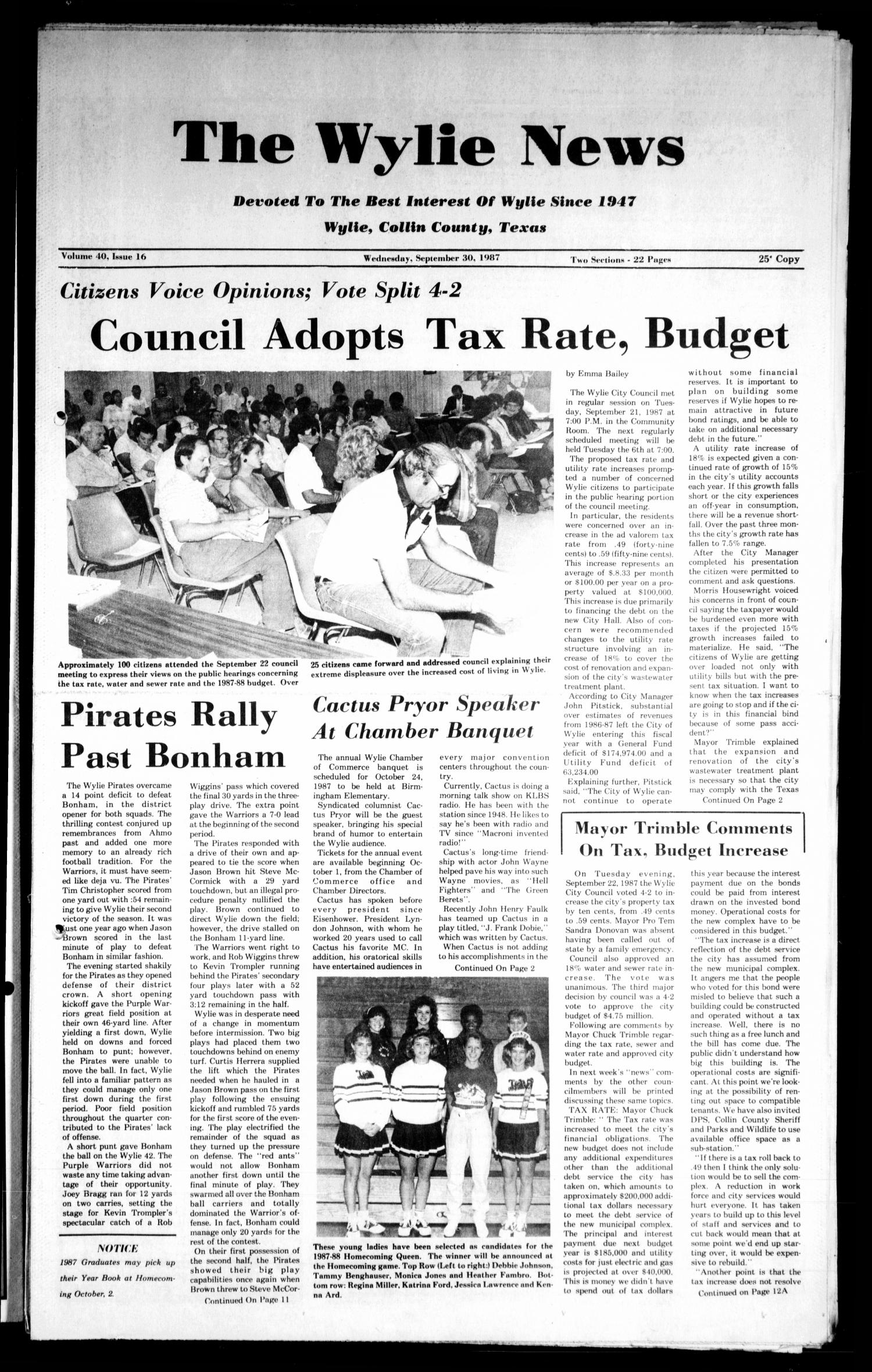 The Wylie News (Wylie, Tex.), Vol. 40, No. 16, Ed. 1 Wednesday, September 30, 1987
                                                
                                                    [Sequence #]: 1 of 22
                                                