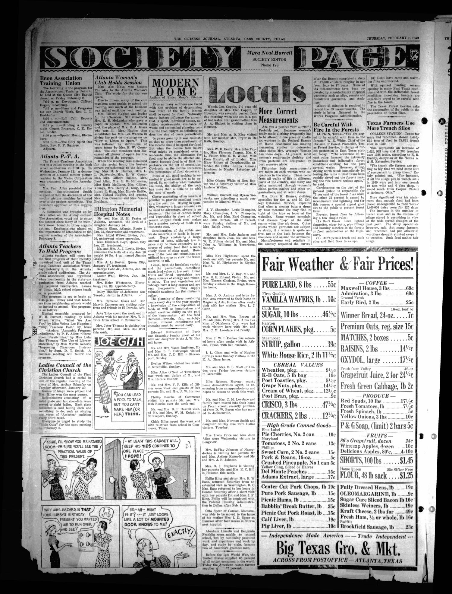 The Citizens Journal (Atlanta, Tex.), Vol. 61, No. 4, Ed. 1 Thursday, February 1, 1940
                                                
                                                    [Sequence #]: 4 of 8
                                                