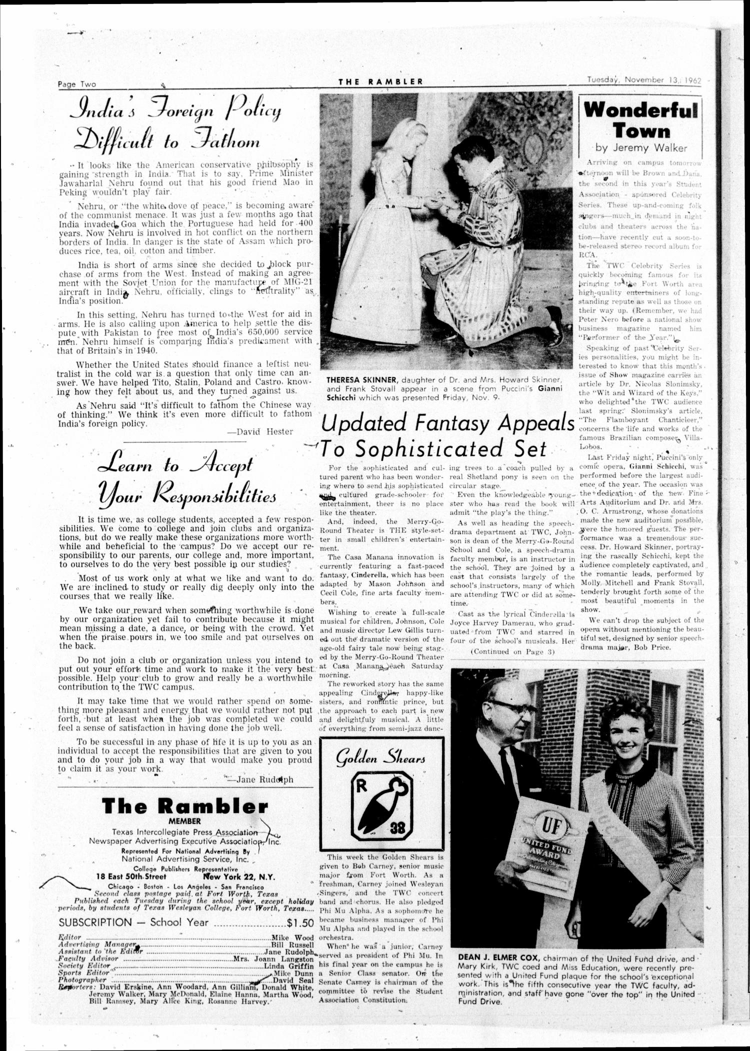 The Rambler (Fort Worth, Tex.), Vol. 35, No. 8, Ed. 1 Tuesday, November 13, 1962
                                                
                                                    [Sequence #]: 2 of 6
                                                