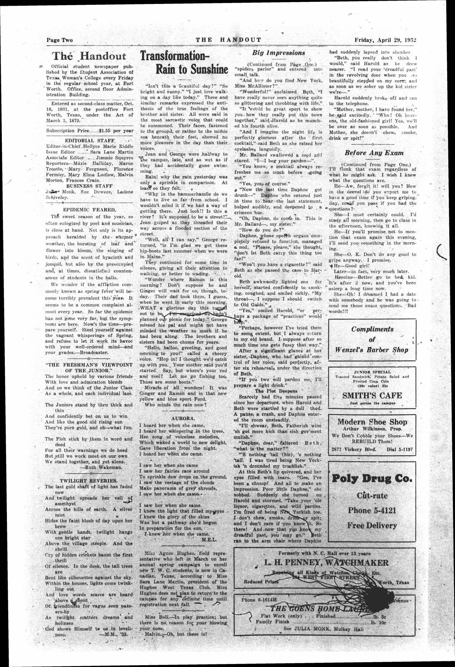 The Handout, Vol. 16, No. 18, Ed. 1 Friday, April 29, 1932
                                                
                                                    [Sequence #]: 2 of 4
                                                
