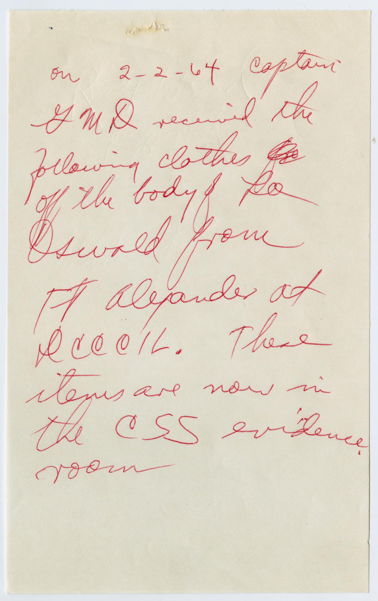 [Handwritten Note About Oswald's Clothing]
                                                
                                                    [Sequence #]: 1 of 2
                                                