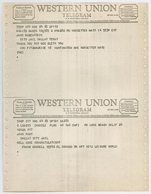Primary view of object titled '[Telegrams to Jack Ruby from Don Fitzmaurice and Frank Goodell, November 24, 1963 #2]'.
