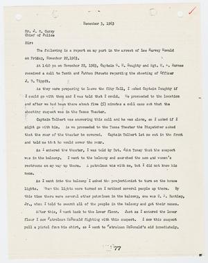Primary view of object titled '[Report from P. L. Bentley to Chief J. E. Curry, concerning the arrest of Lee Harvey Oswald #2]'.