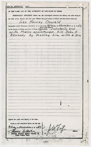 Primary view of object titled '[Affidavit General by J. W. Fritz, Charging Lee Harvey Oswald with Murder #2]'.