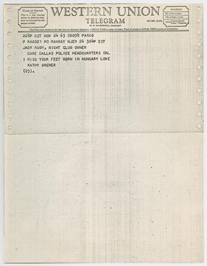 Primary view of object titled '[Telegram to Jack Ruby from Kathy Brewer, November 24, 1963 #2]'.