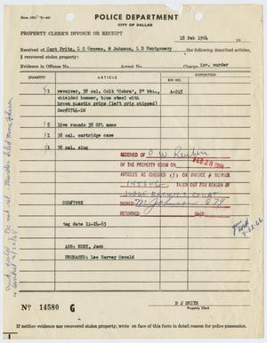 Primary view of object titled '[Property Clerk's Receipt of Revolver and Ammunition]'.