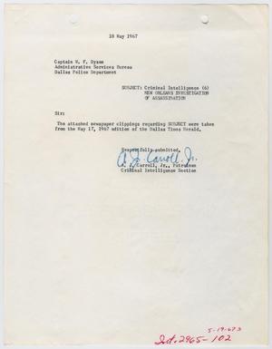 Primary view of object titled '[Report to W. F. Dyson by A. J. Carroll, May 18th, 1967]'.
