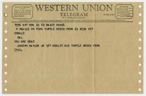Primary view of object titled '[Telegram from Joseph Naylor, Jr. to Lee Harvey Oswald, November 23, 1963]'.