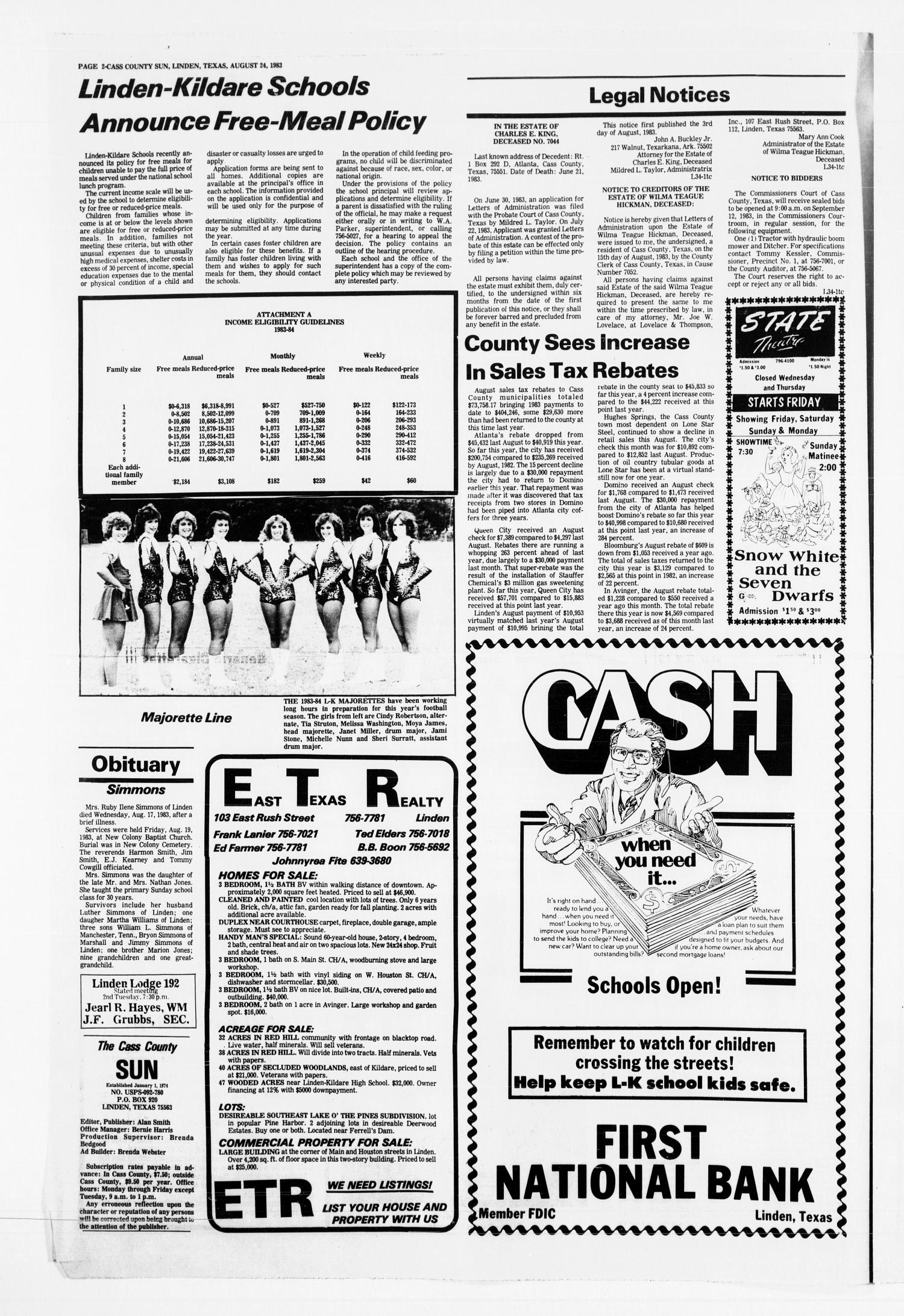 The New Cass County Sun (Linden, Tex.), Vol. 107, No. 34, Ed. 1 Wednesday, August 24, 1983
                                                
                                                    [Sequence #]: 2 of 10
                                                