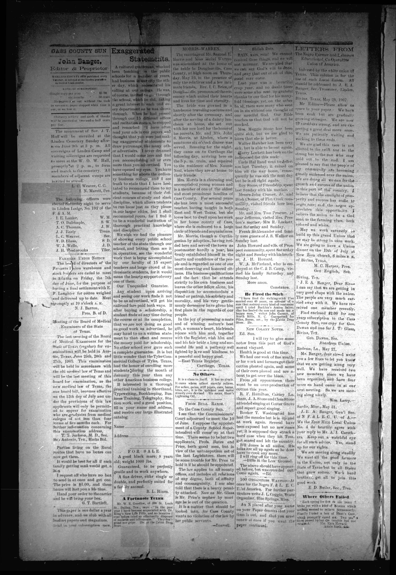 The Cass County Sun (Linden, Tex.), Vol. 32, No. 23, Ed. 1 Tuesday, June 4, 1907
                                                
                                                    [Sequence #]: 4 of 8
                                                