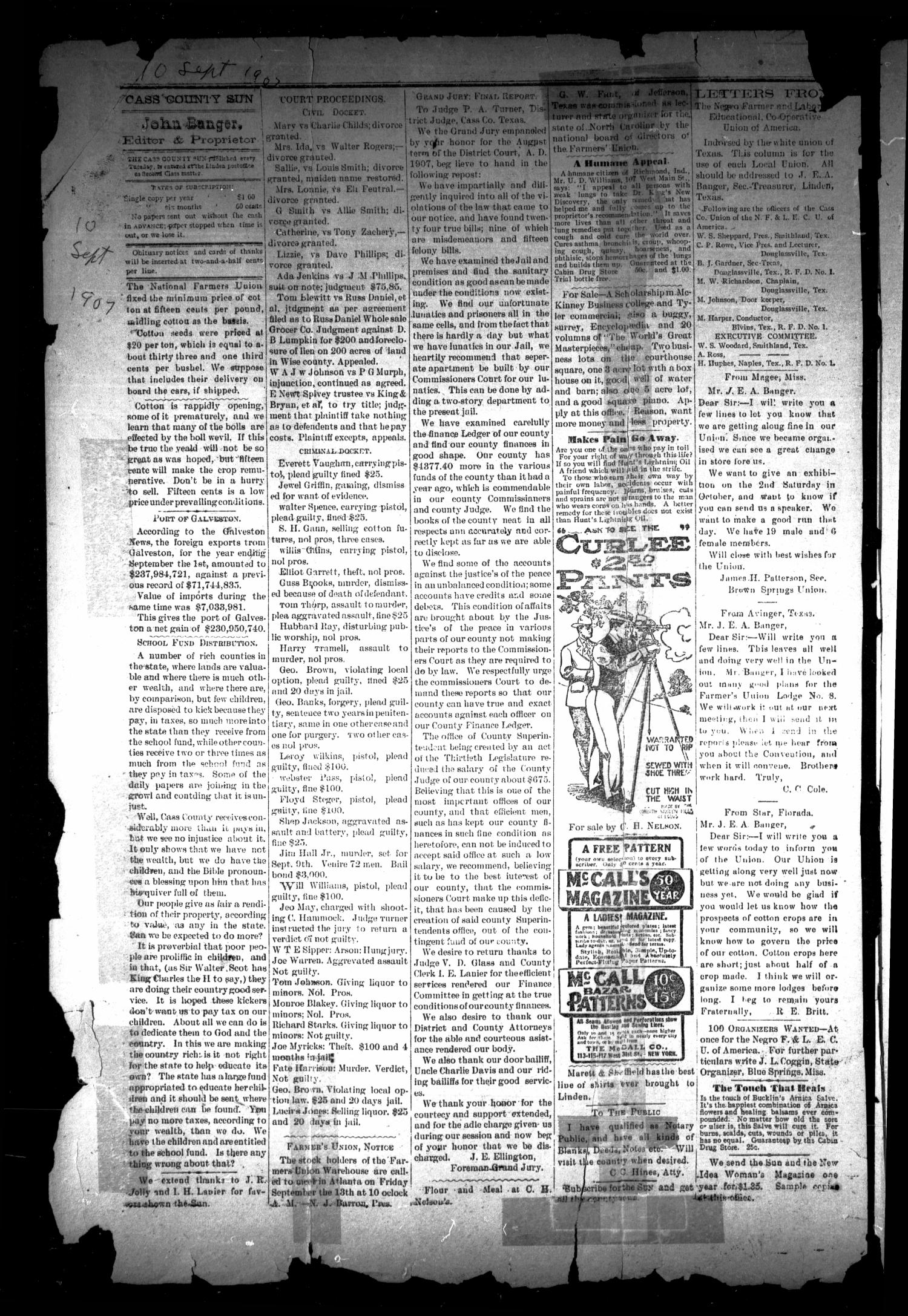 The Cass County Sun (Linden, Tex.), Vol. [32], No. [37], Ed. 1 Tuesday, September 10, 1907
                                                
                                                    [Sequence #]: 1 of 5
                                                