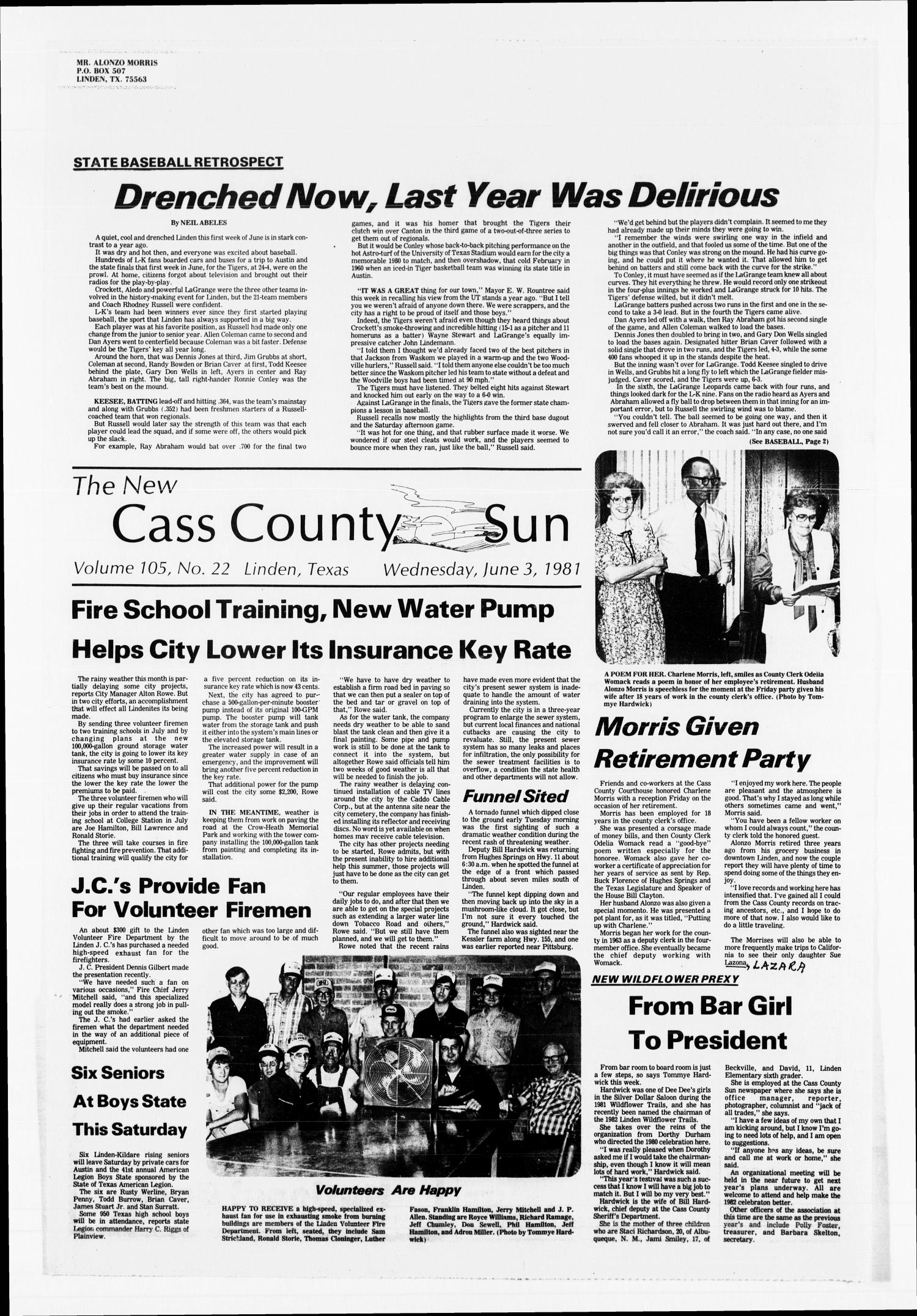 The New Cass County Sun (Linden, Tex.), Vol. 105, No. 22, Ed. 1 Wednesday, June 3, 1981
                                                
                                                    [Sequence #]: 1 of 4
                                                