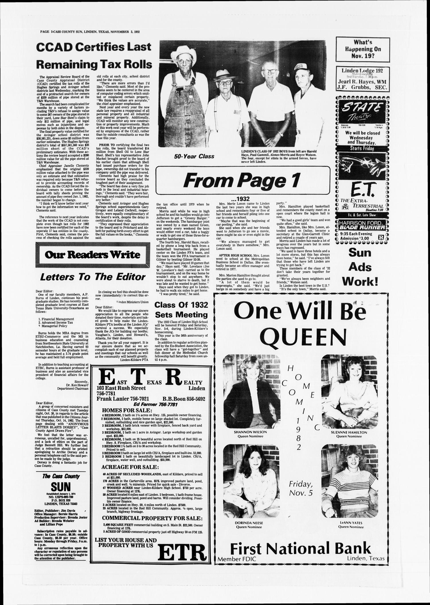The New Cass County Sun (Linden, Tex.), Vol. 106, No. 44, Ed. 1 Wednesday, November 3, 1982
                                                
                                                    [Sequence #]: 2 of 2
                                                
