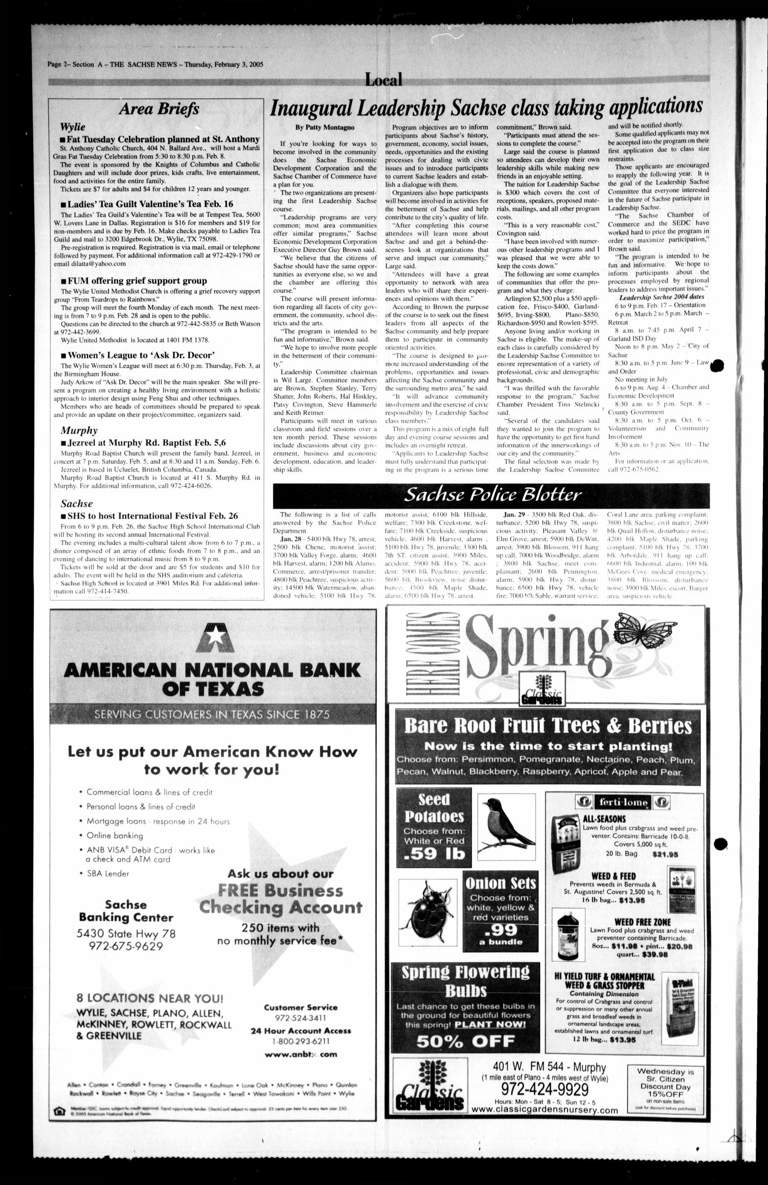 The Sachse News (Sachse, Tex.), Vol. 1, No. 1, Ed. 1 Thursday, February 3, 2005
                                                
                                                    [Sequence #]: 2 of 36
                                                